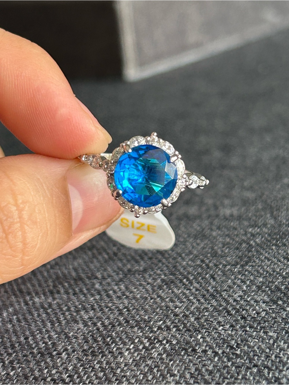 Round Blue Halo Ring with Clear Accent Stones - Size 7